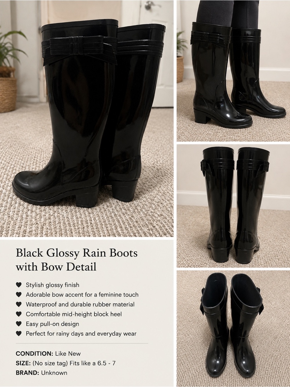 kate spade Black Glossy Rain Boots with Bow Accent